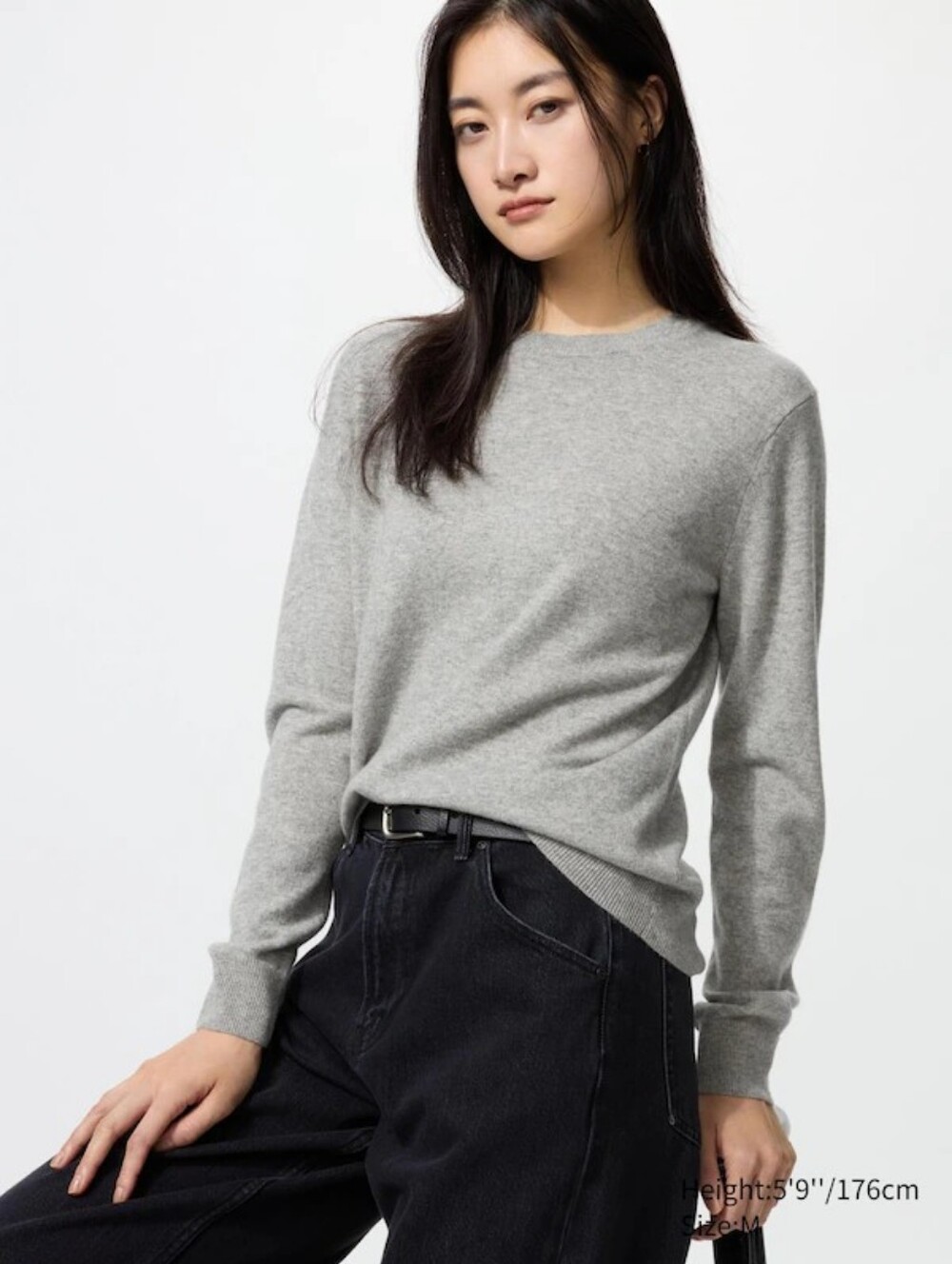 Uniqlo 100% Cashmere Crew Neck Sweater, Small, Gray, Womens Long Sleeve Sweater